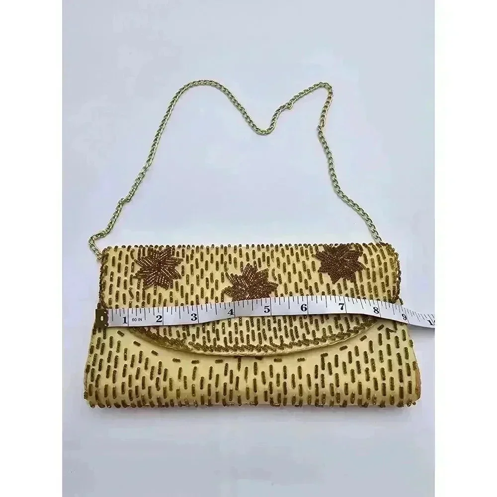 Vtg  Charisma Hong Kong Beaded Yellow and Gold Purse with Chain Strap